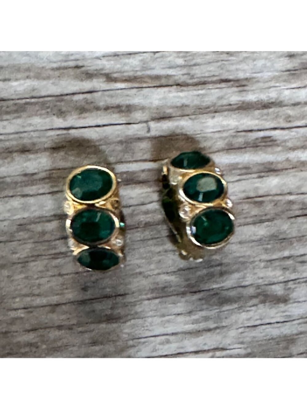 Swarovski Emerald Green Crystal Gold Tone Huggie Hoop Earrings Signed Vintage